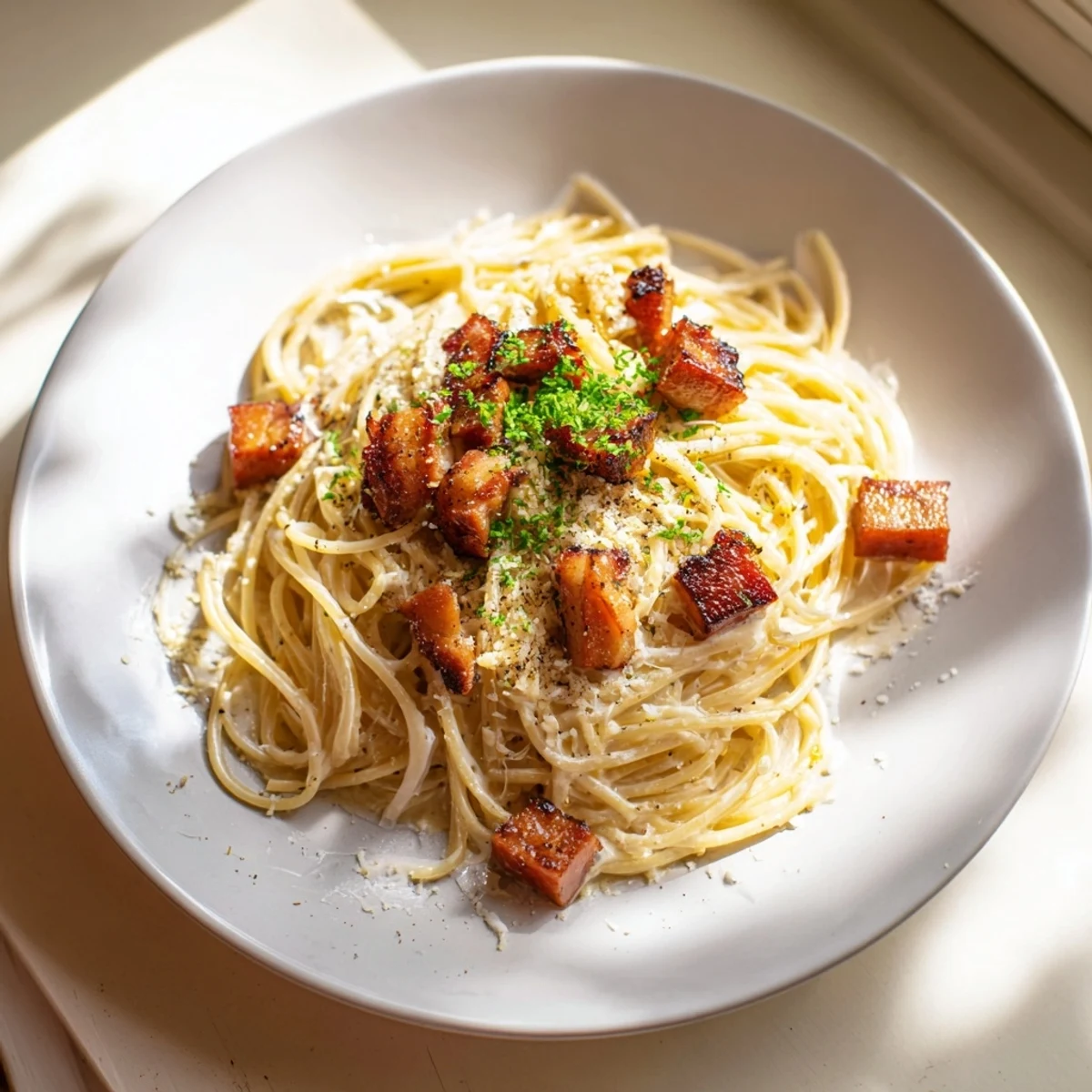 Steaming bowl of The Best 15-Minute Creamy Carbonara, featuring perfectly cooked pasta coated in a rich, cheesy sauce.