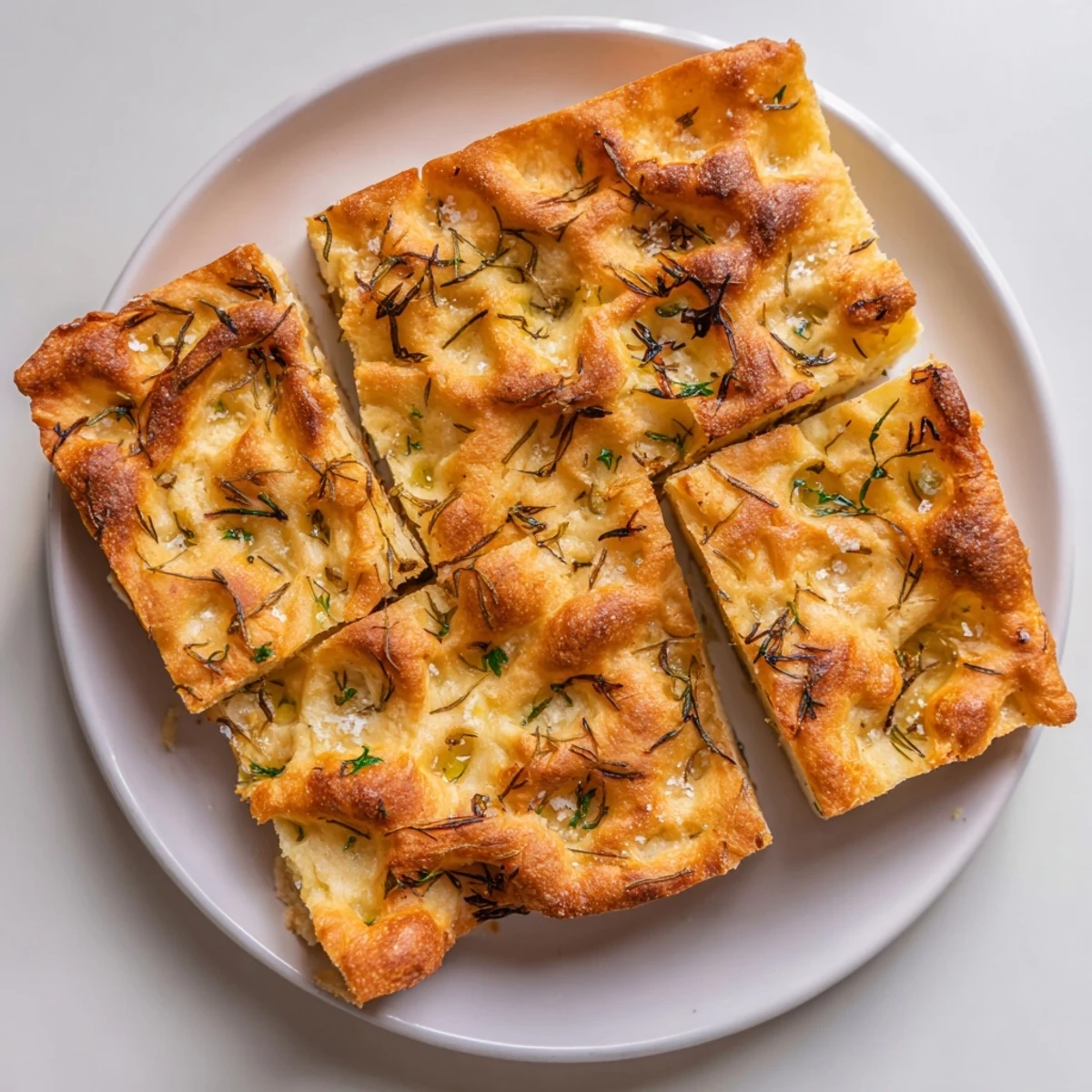 Golden-brown Simple Homemade Focaccia with sea salt and rosemary, perfect for dipping in olive oil.