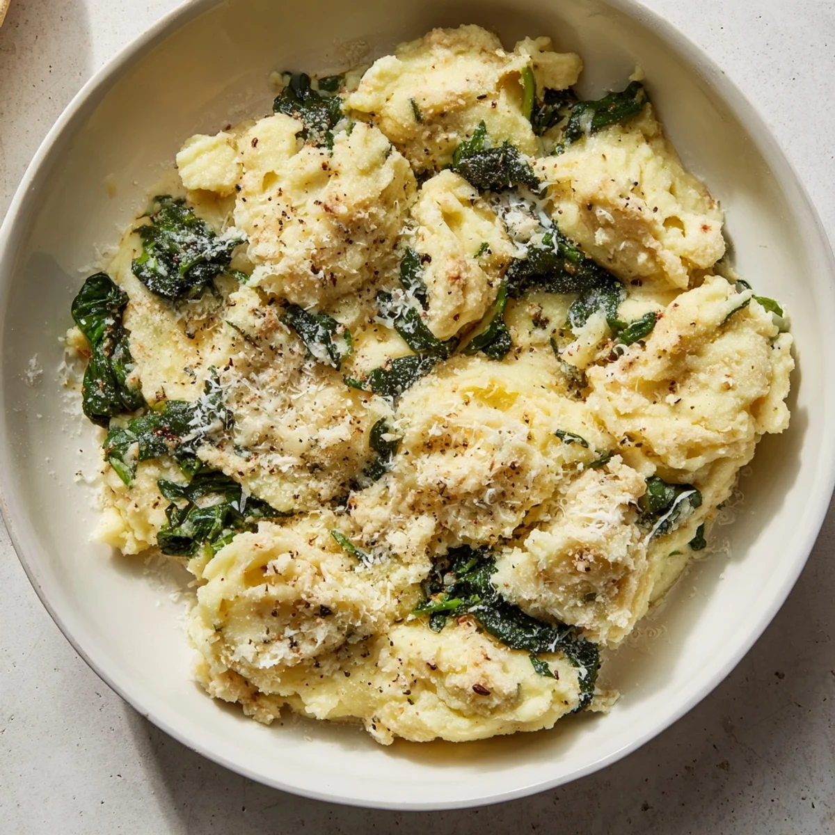 Creamy Spinach and Parmesan Mashed Potatoes, a side of fluffy perfection, ready to be served.