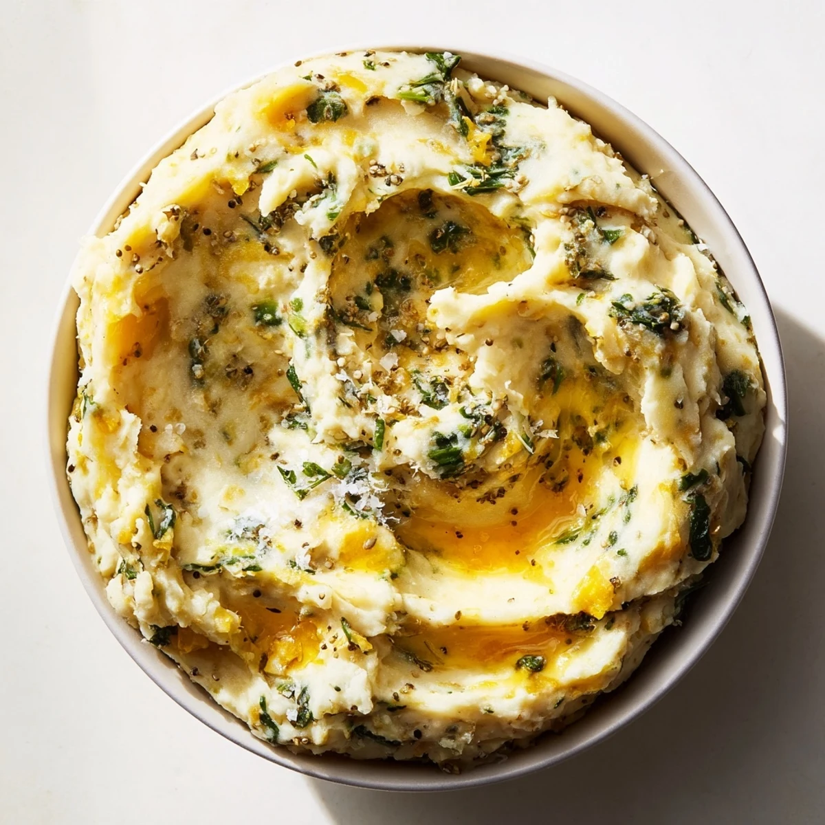 A warm bowl of Creamy Spinach and Parmesan Mashed Potatoes, perfect with a sprinkle of cheese.