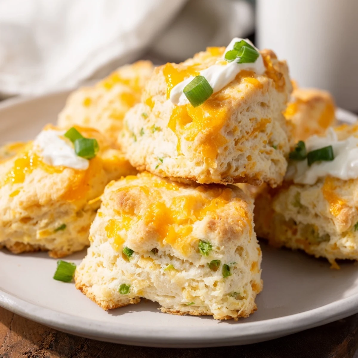 Freshly baked Golden Cheddar and Chive scones, ready to eat, showing the chives and cheese.