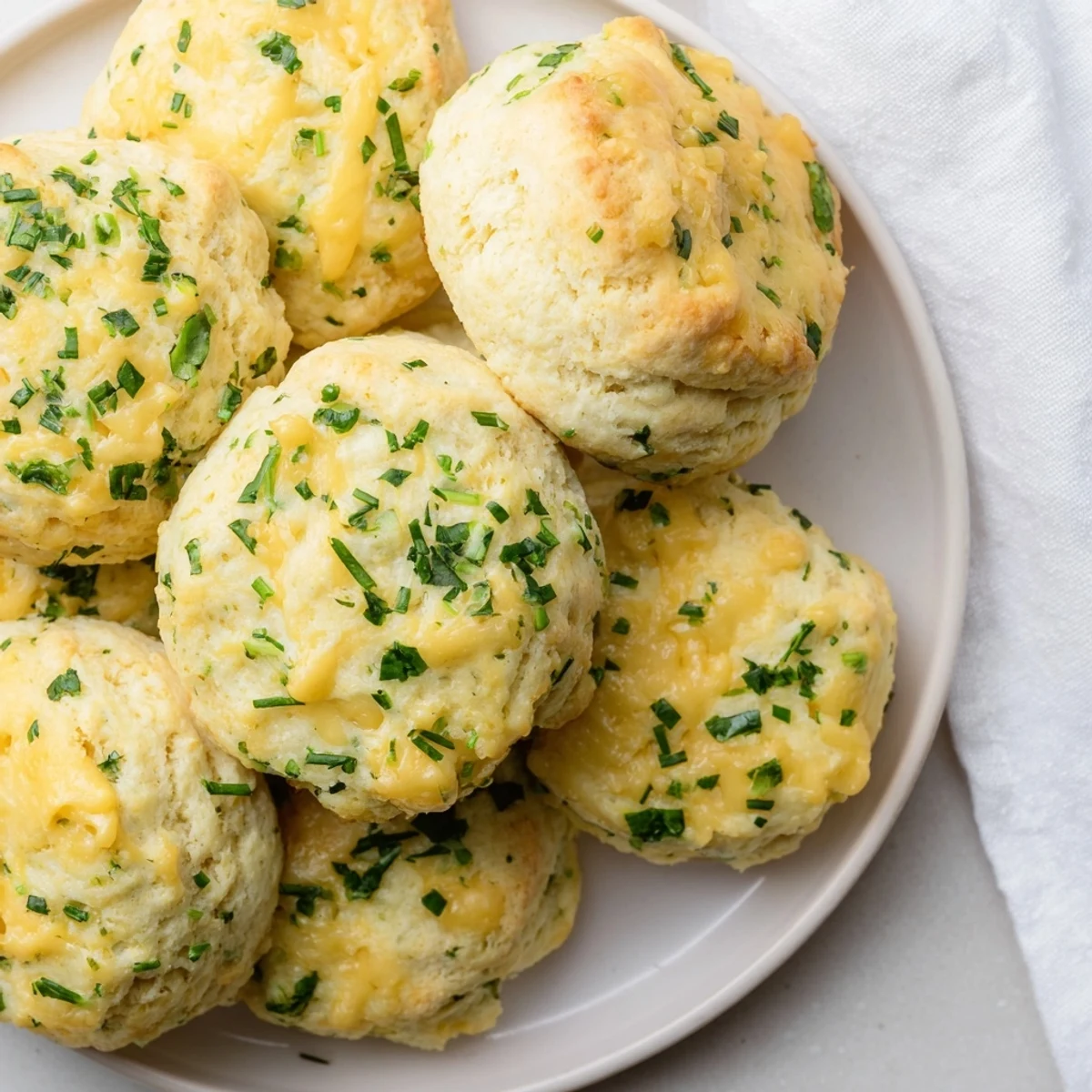 Golden cheddar and chive scones, warm from the oven, with a golden crust and cheesy aroma.