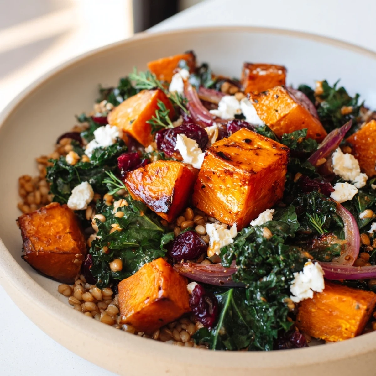 Warm Harvest Grain Bowl featuring tender roasted pumpkin and vibrant kale, ready to enjoy.