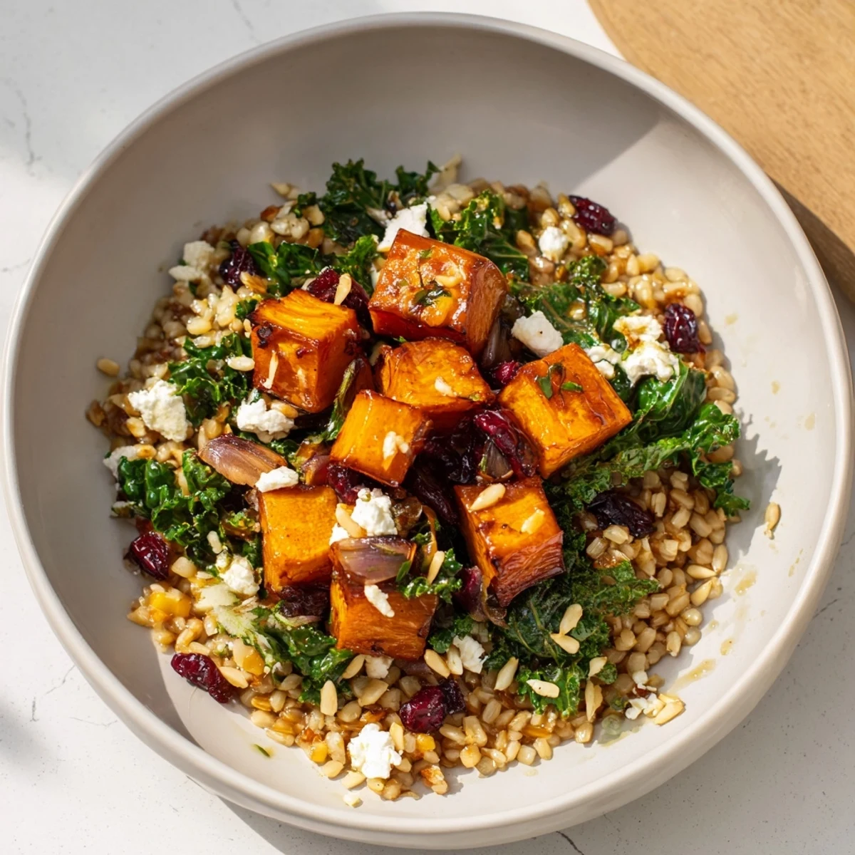 A delicious Harvest Grain Bowl with sweet pumpkin, cranberries, and a flavorful maple-Dijon dressing.
