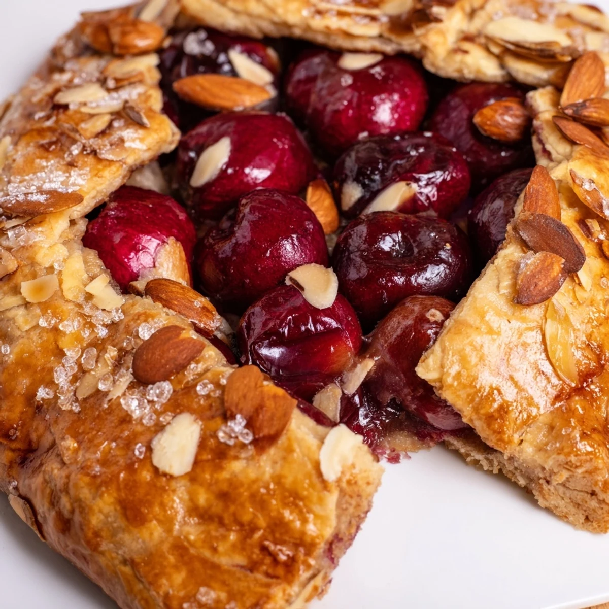Golden, bubbly Rustic Cherry and Vanilla Almond Galette, with plump cherries peeking from a flaky crust.