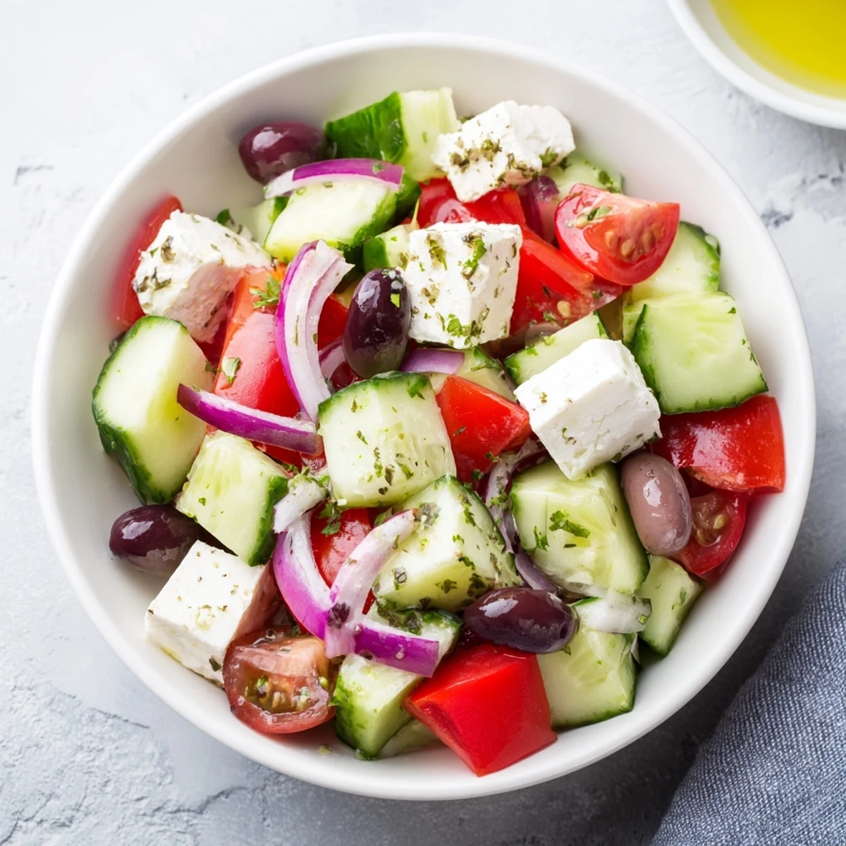 Fresh Mediterranean Salad with chickpeas and olives, a brightly colored, refreshing bowl of summer flavors.