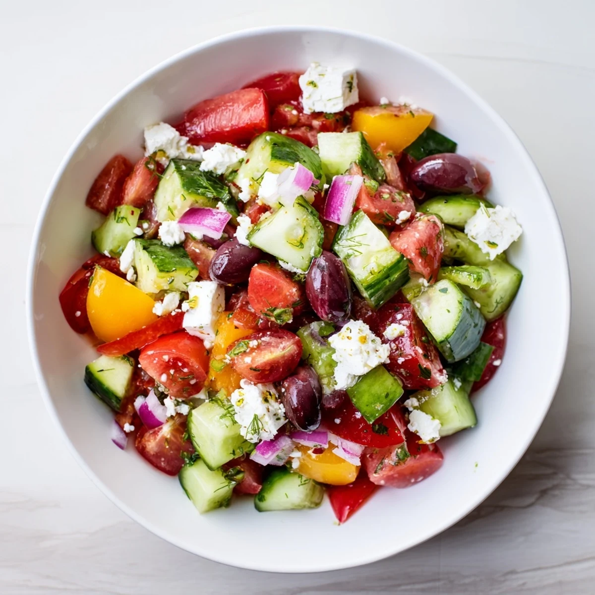 Imagine a close-up of Fresh Mediterranean Salad with chickpeas and olives, a perfect, light lunch option.