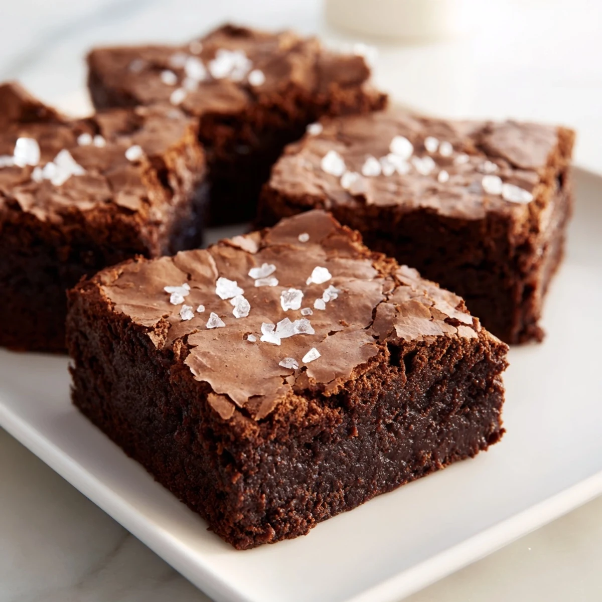 Fudgy homemade dark chocolate and sea salt brownies, boasting a crackly top, ready to serve.