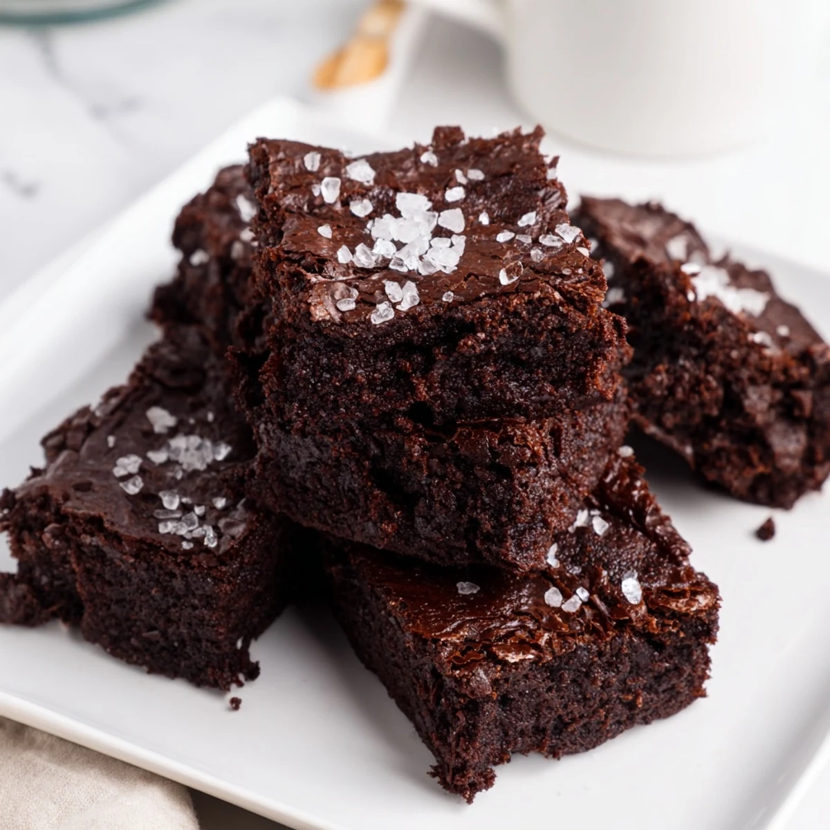 A perfect square of homemade dark chocolate and sea salt brownies with glistening sea salt flakes.