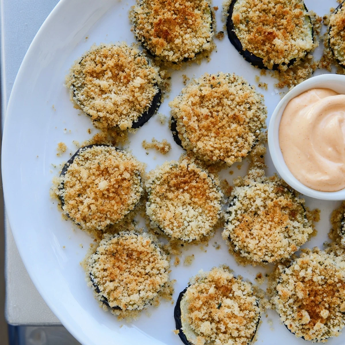 Golden, crispy baked zucchini rounds ready to be dipped into the vibrant, creamy, spicy mayo sauce.