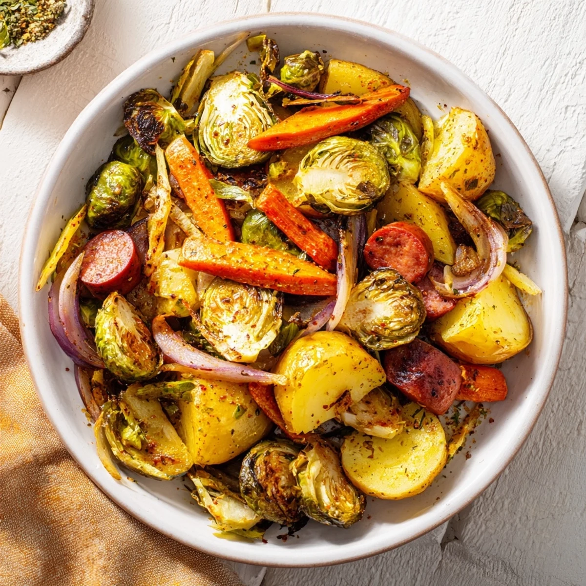All-in-One Pan Sausage and Cabbage Bake, featuring golden-brown sausages with soft cabbage and potatoes.