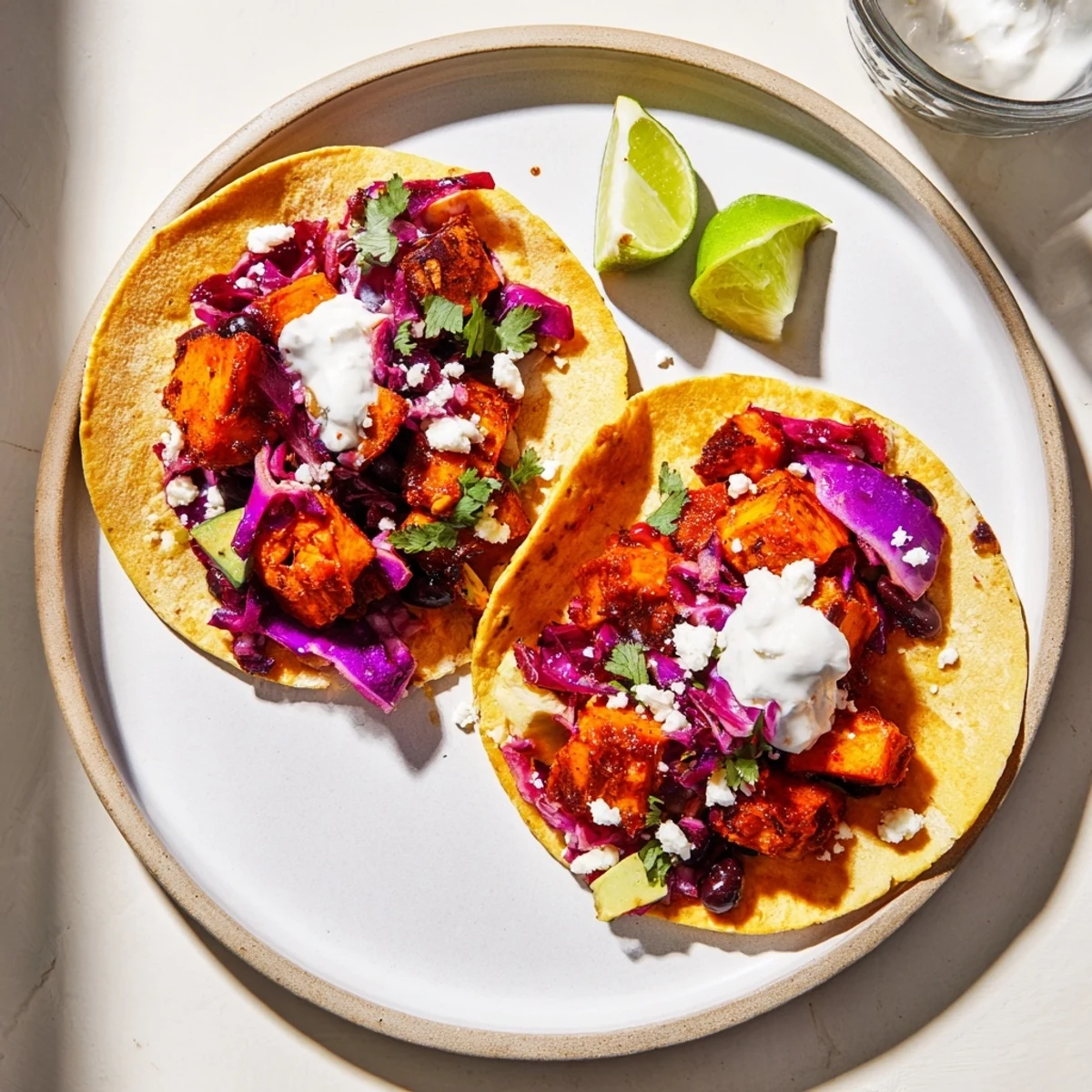 These flavorful Quick Sweet Potato and Black Bean Tacos feature warm tortillas filled with vibrant toppings like cilantro.