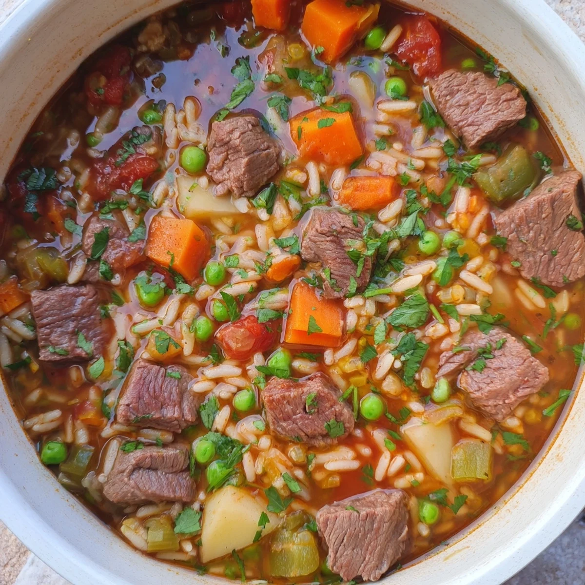 Steaming bowl of one-pot hearty beef and barley soup, filled with tender beef and vegetables, ready to eat.
