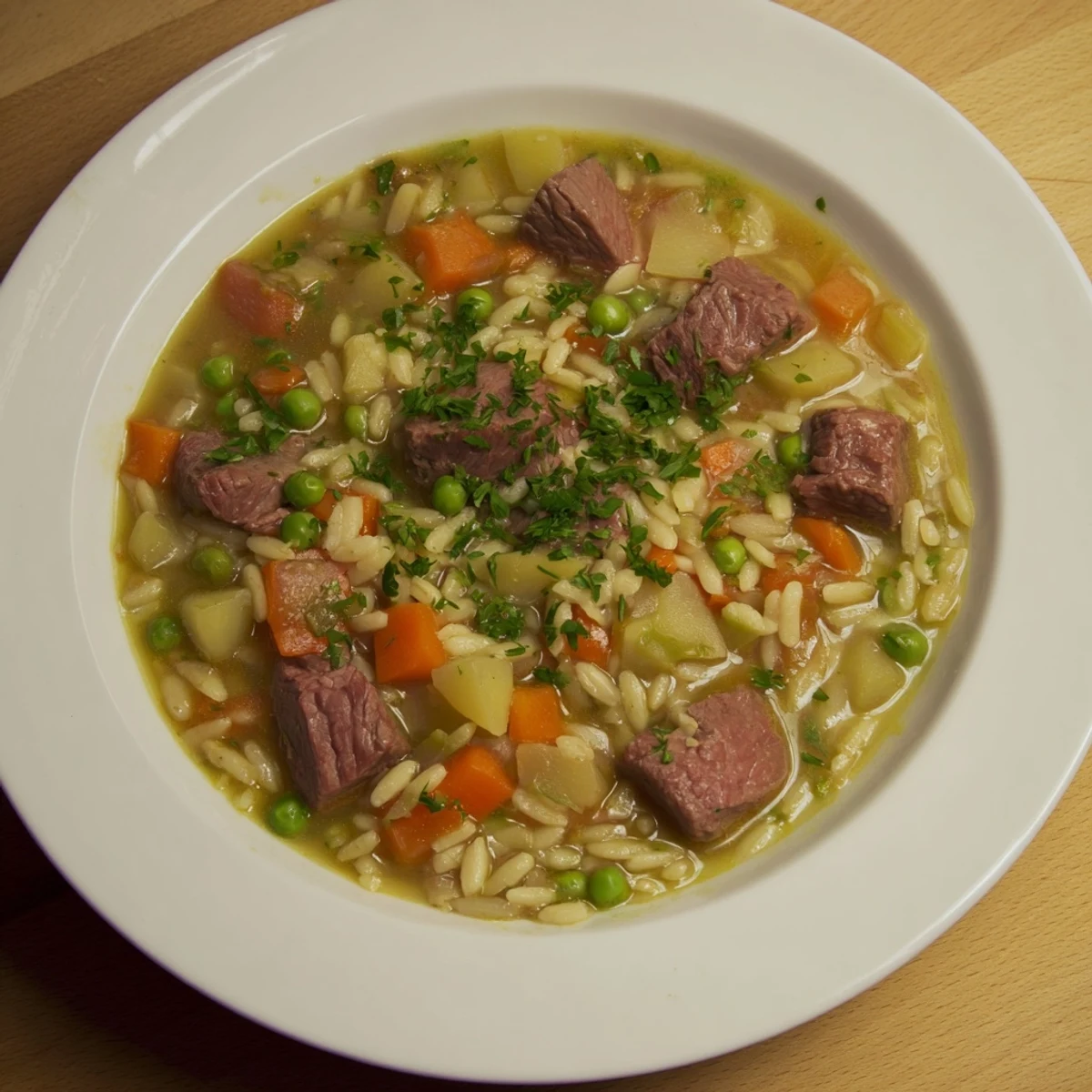 A close-up of a rustic bowl of one-pot hearty beef and barley soup, served with fresh parsley garnish.