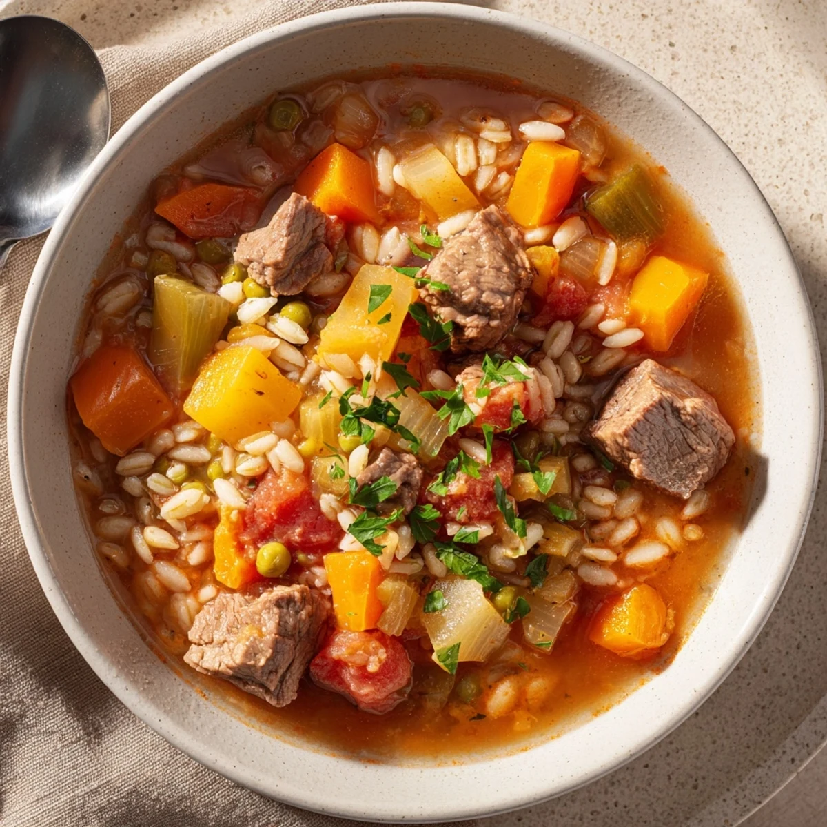 Rich, savory aroma emanating from this comforting one-pot hearty beef and barley soup, perfect for a cold evening.