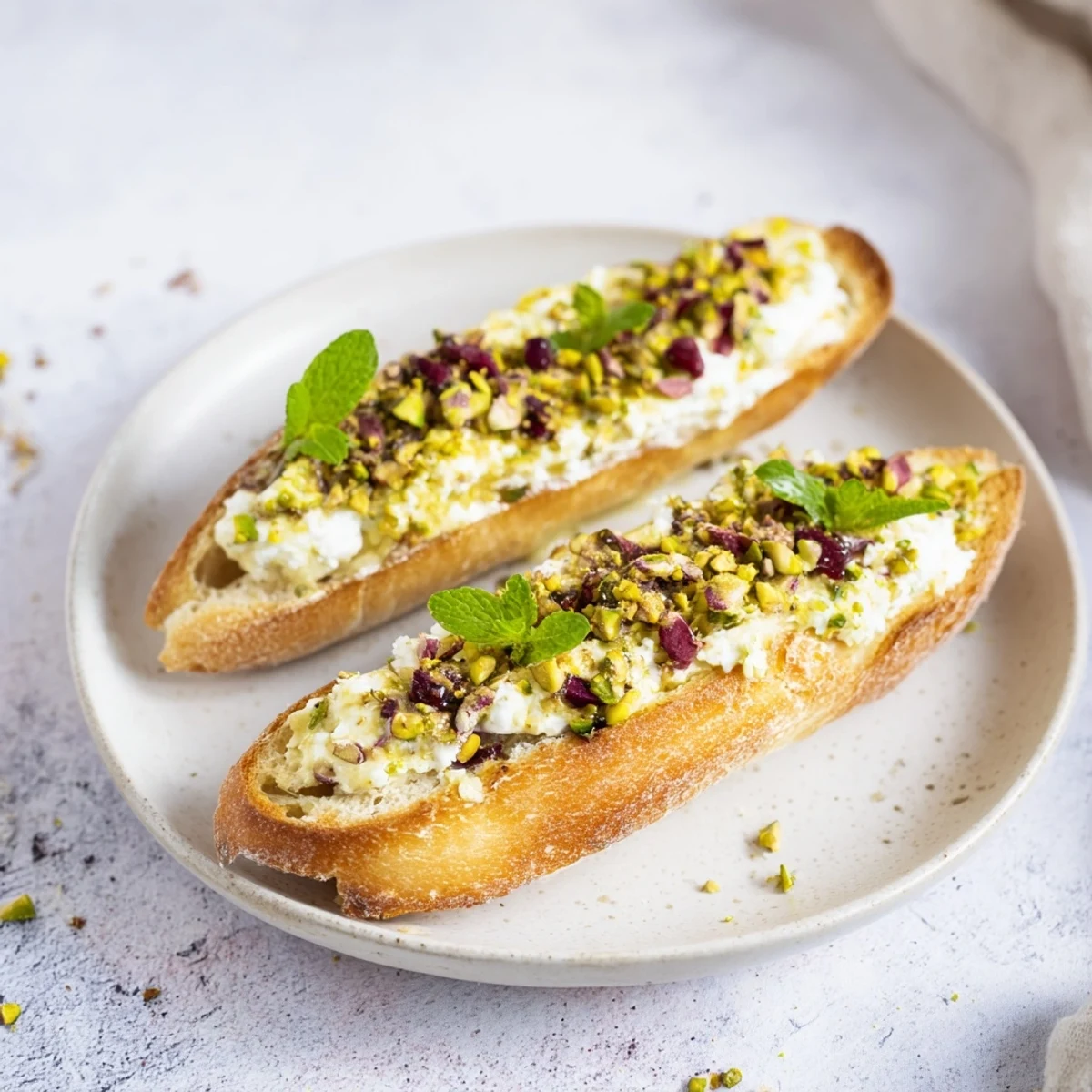 Crispy Festive Pomegranate and Goat Cheese Crostini, ready to serve with a colorful, festive garnish.
