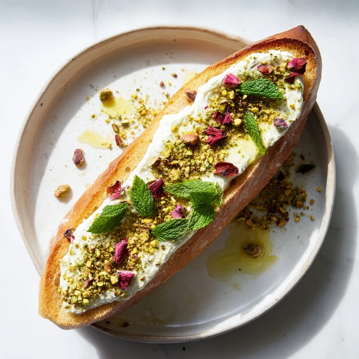 Close-up of golden, toasted Festive Pomegranate and Goat Cheese Crostini with a creamy goat cheese base.