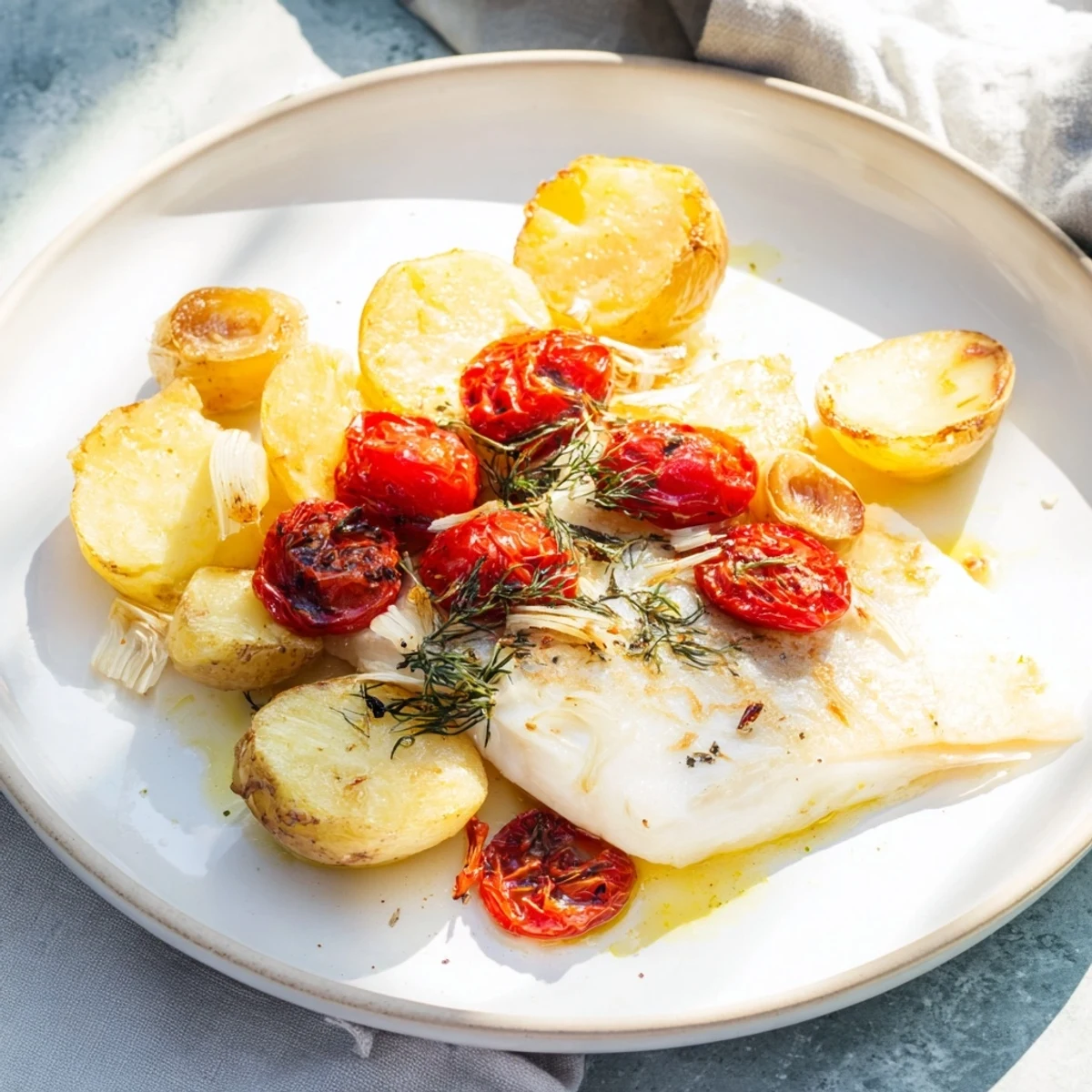 One-Tray Baked Trout, glistening and flaky, with roasted vegetables and fragrant herbs.