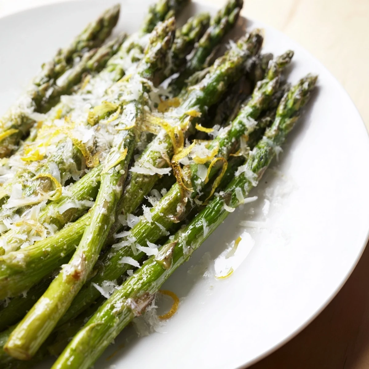 Golden roasted asparagus with bright lemon zest and Parmesan cheese, perfect side dish.