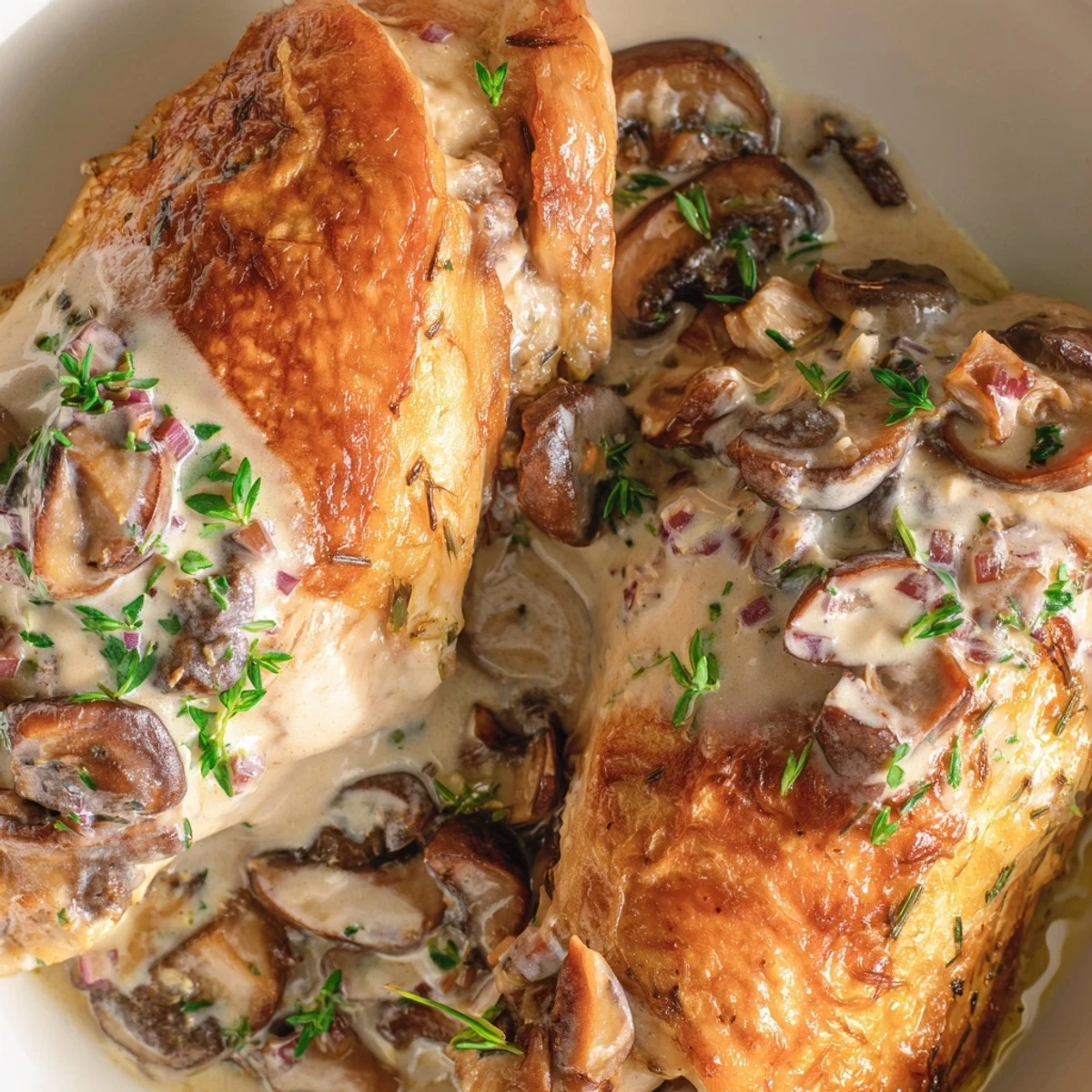 Skillet-Seared Chicken Breast with Mushroom Cream Sauce presented; golden-brown chicken in a creamy, mushroom-filled sauce.