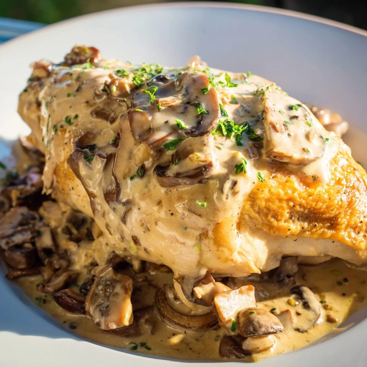 Juicy Skillet-Seared Chicken Breast bathed in rich mushroom cream sauce with fresh parsley garnish for serving.