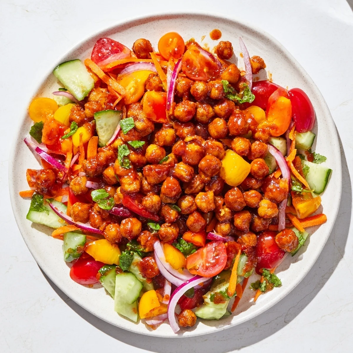 Smoky BBQ Chickpea Salad glistening with a tangy dressing and colorful, chopped vegetables.