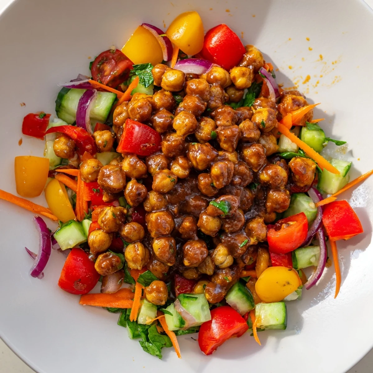 A refreshing close-up of BBQ Chickpea Salad, showcasing vibrant tomatoes and crisp cucumber pieces.