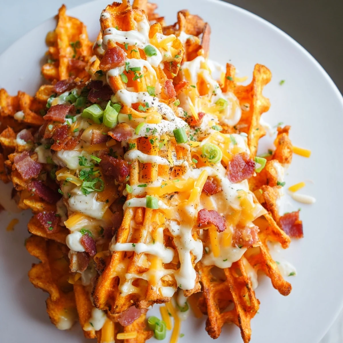 Loaded Sweet Potato Fries: a close-up of golden waffle fries smothered with melted cheddar and ranch dressing.