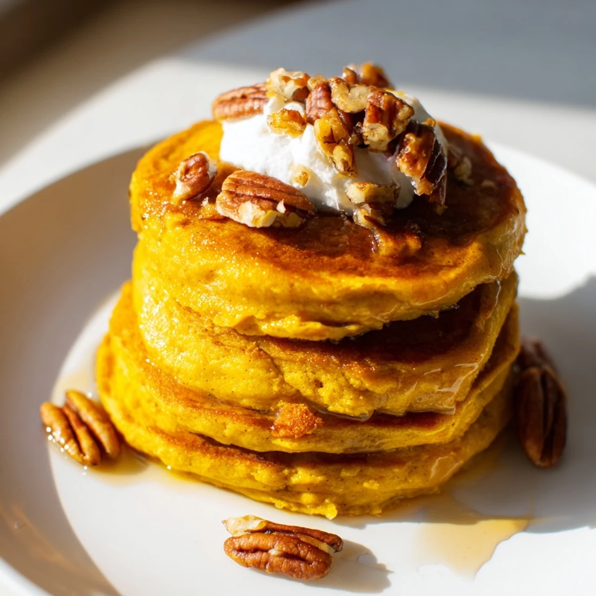 Golden-brown fluffy pumpkin spice pancakes piled high, ready to be drizzled with syrup.