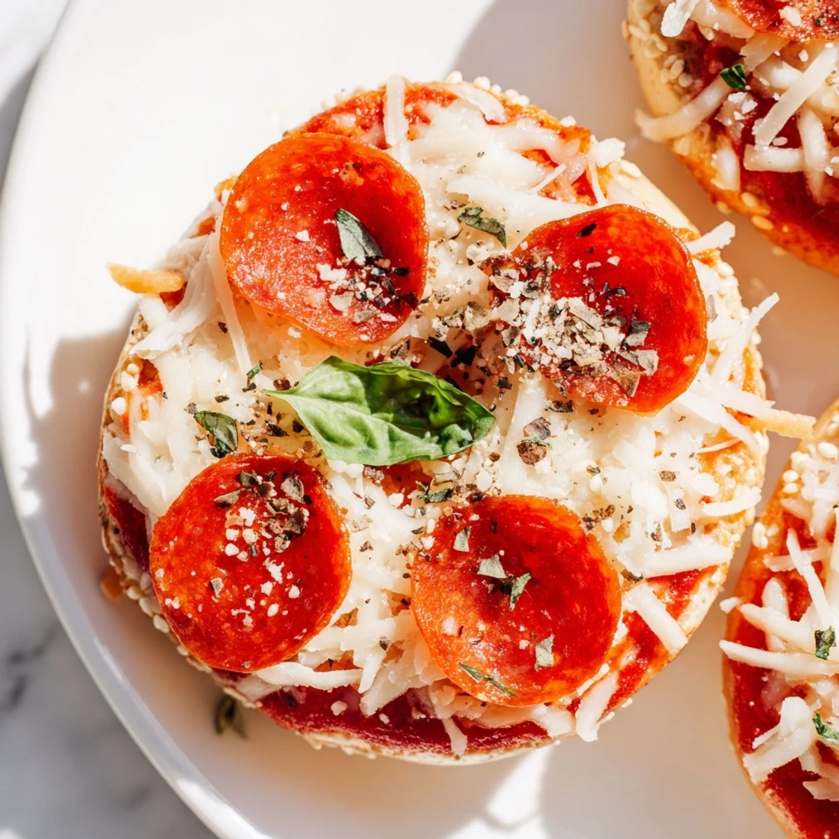 Warm, cheesy Mini Pepperoni Pizza Bagels with crispy pepperoni, ready to enjoy as a snack.