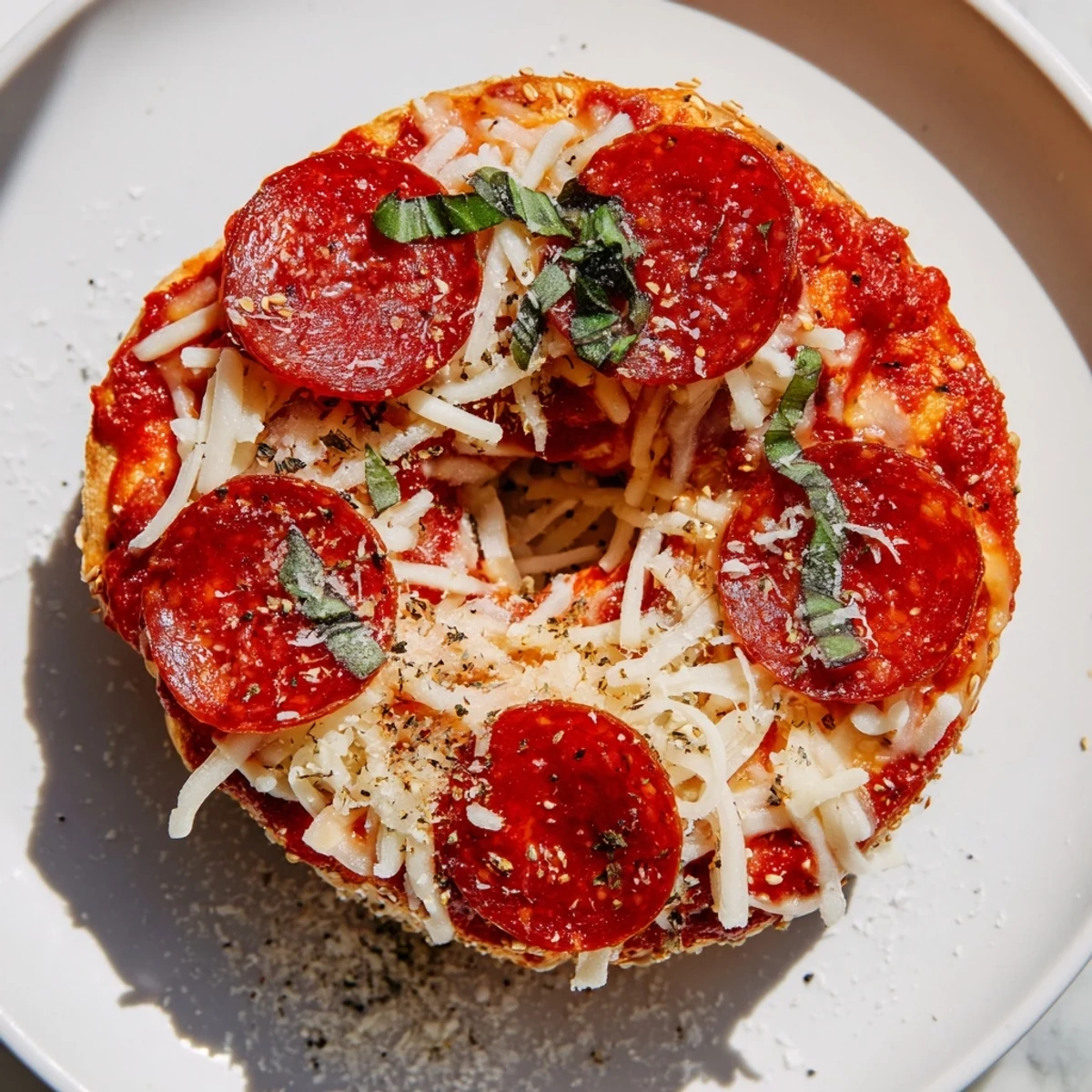 Golden, baked Mini Pepperoni Pizza Bagels with melted cheese, perfect for a quick and easy appetizer.