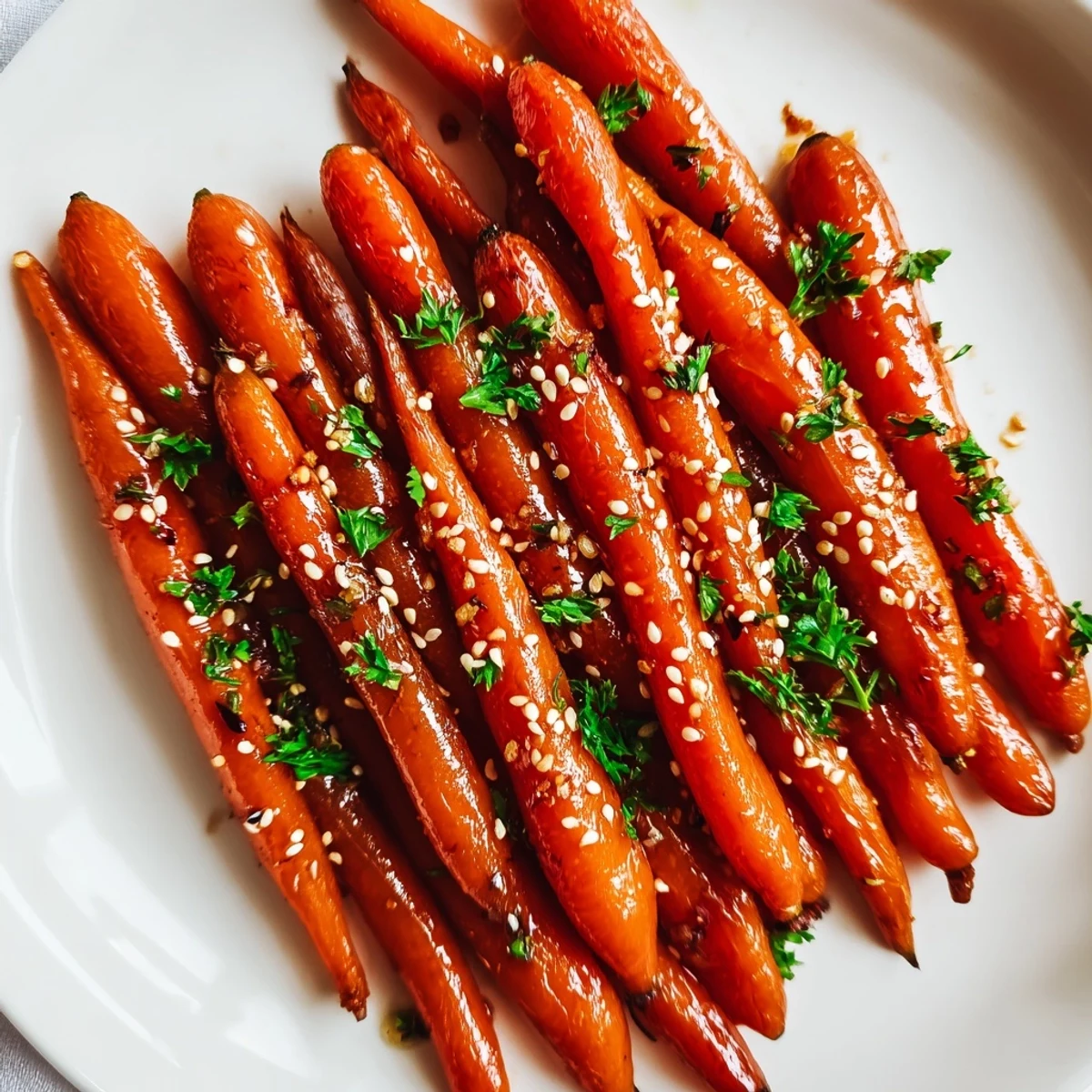 Shining, glazed Honey Soy Roasted Carrots, offering a blend of sweet and savory flavors for a side dish.