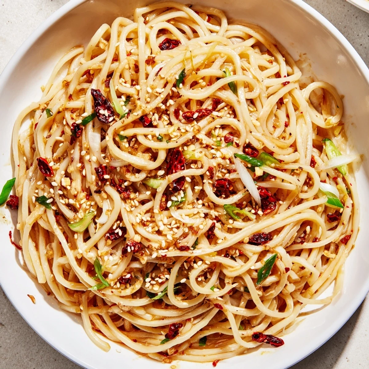 Steaming bowl of Garlic Chili Oil Noodles, a spicy and fragrant Chinese-inspired dish.