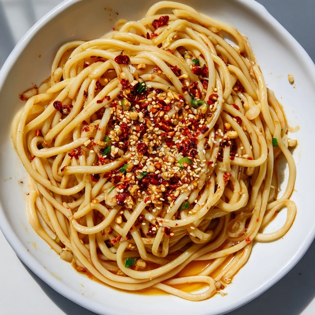 A colorful plate of Garlic Chili Oil Noodles, tossed with scallions and sesame seeds, ready to savor.