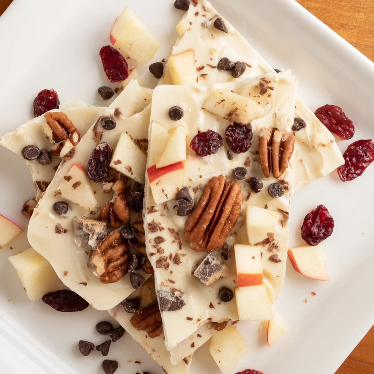 A close-up of frozen Apple Cinnamon Yogurt Bark pieces, a healthy snack bursting with flavor.