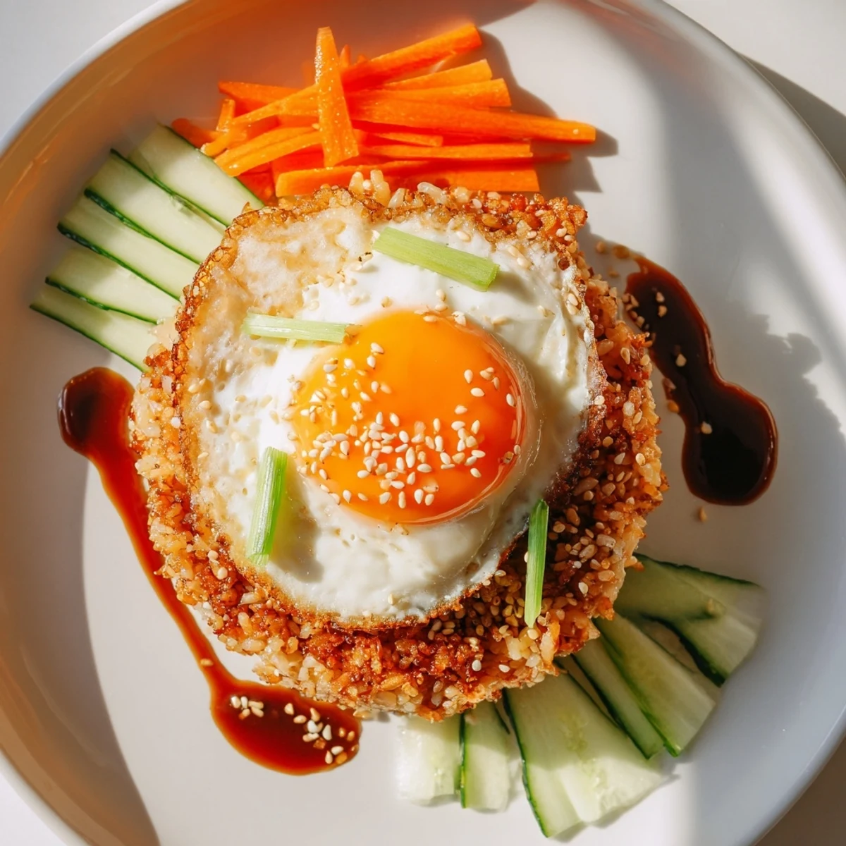 Golden-crisped edges on the crispy egg rice bowl with a perfectly runny yolk, ready to savor.
