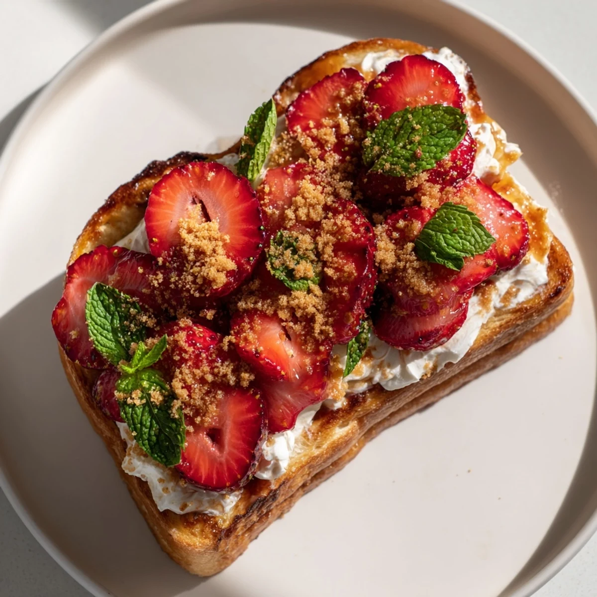 Vibrant image: golden Strawberry Cheesecake Toast, piled high with fresh, juicy strawberries, ready to eat.