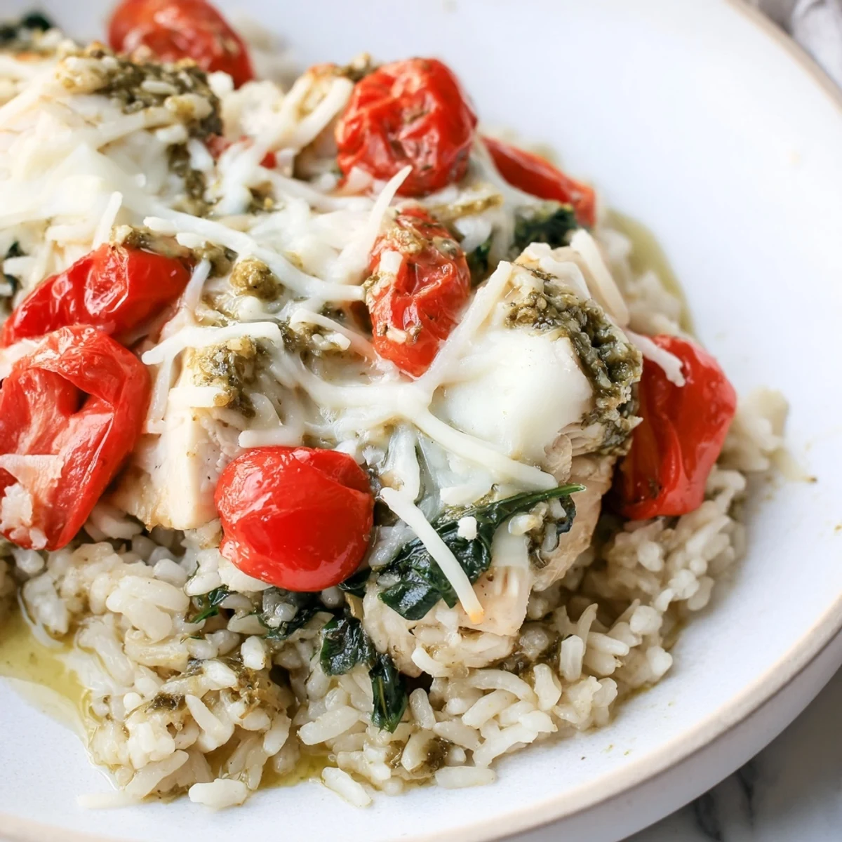 Chicken Pesto Rice Bake bubbling with melty mozzarella and juicy tomatoes, inviting you to dig in.