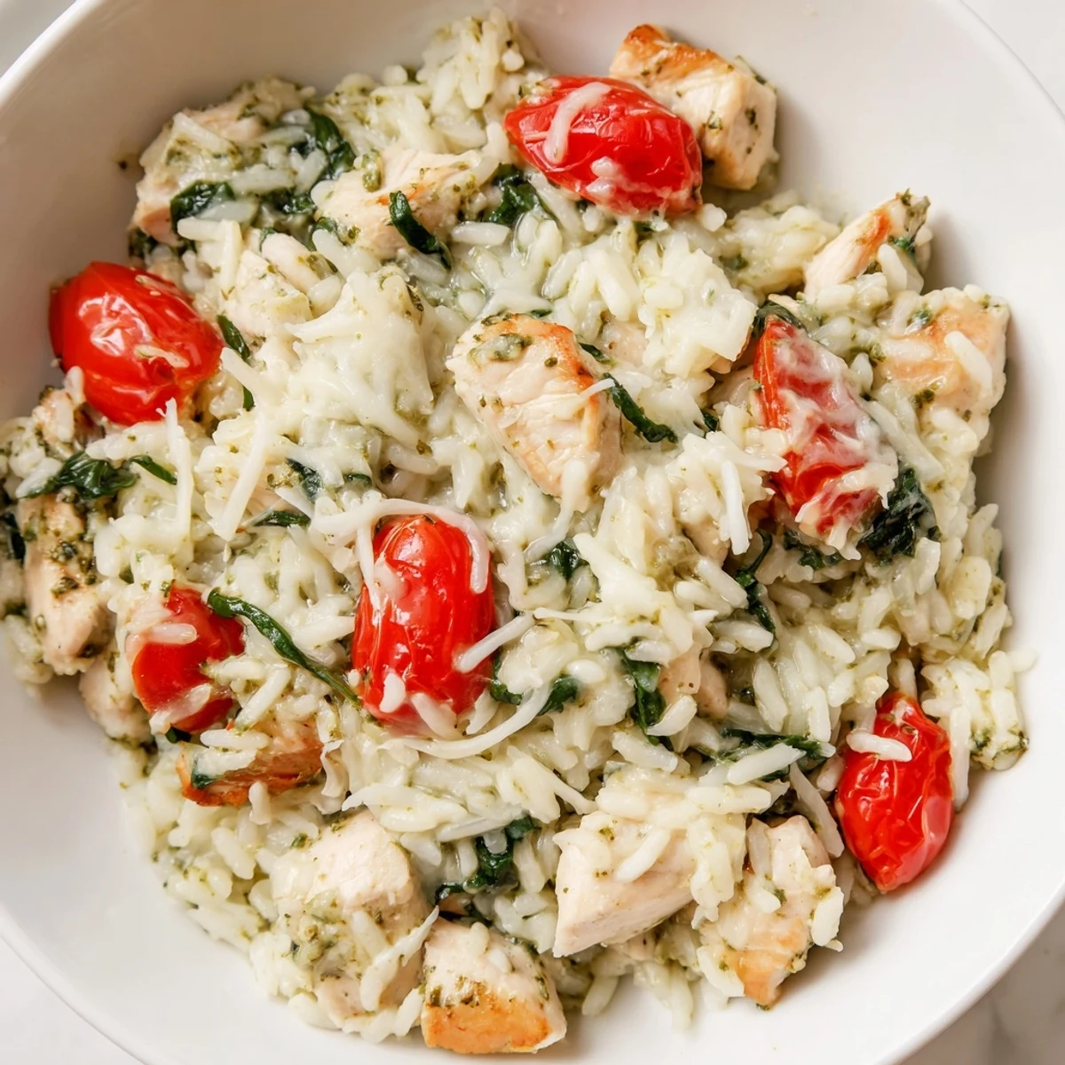 Cheesy Chicken Pesto Rice Bake, a creamy casserole with tender chicken and herbs, perfect for serving.