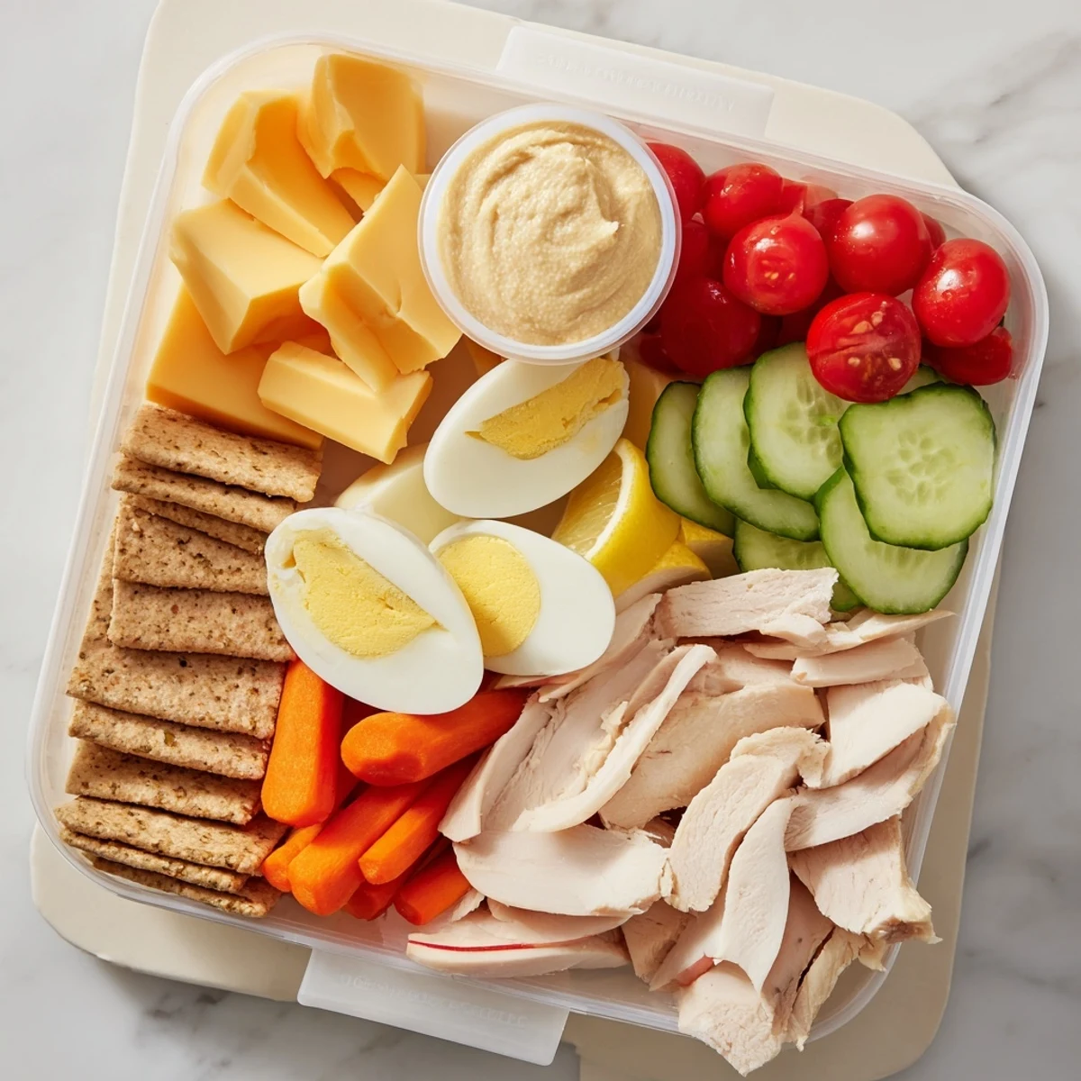 Delicious protein snack boxes, featuring sliced chicken, fresh veggies, and creamy hummus for a healthy lunch.
