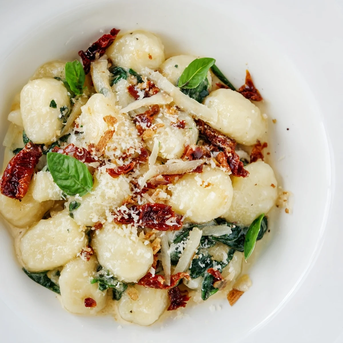 Golden skillet of Creamy Tuscan Gnocchi with vibrant sun-dried tomatoes and fresh basil garnish.