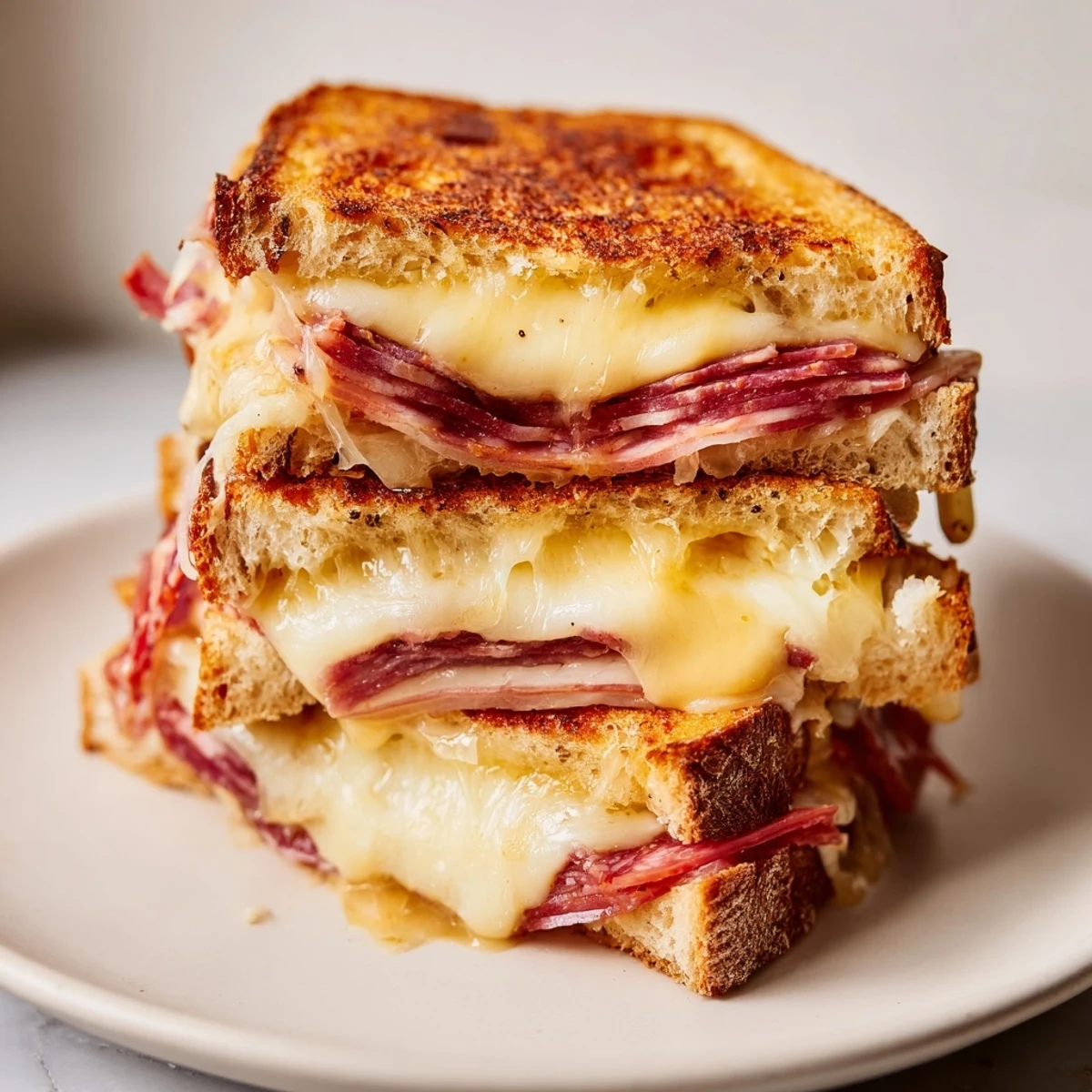 Golden, melty Charcuterie Grilled Cheese sandwich, a luxurious blend of meats and cheeses.