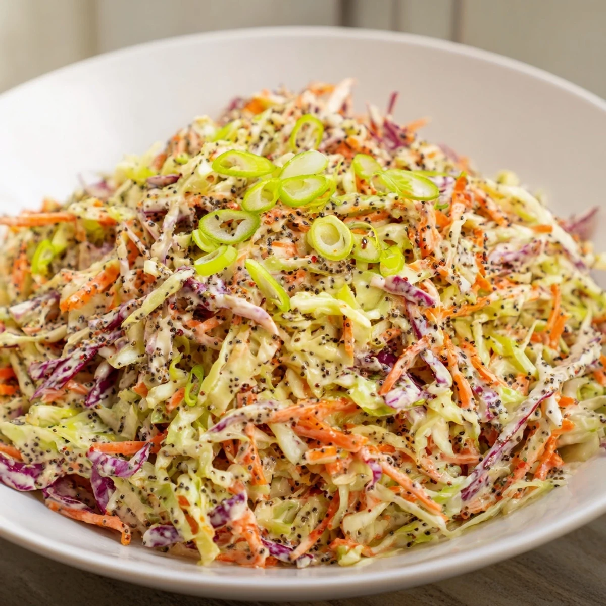 A bowl of delicious Quick Coleslaw Salad, featuring colorful vegetables in a light, flavorful dressing.