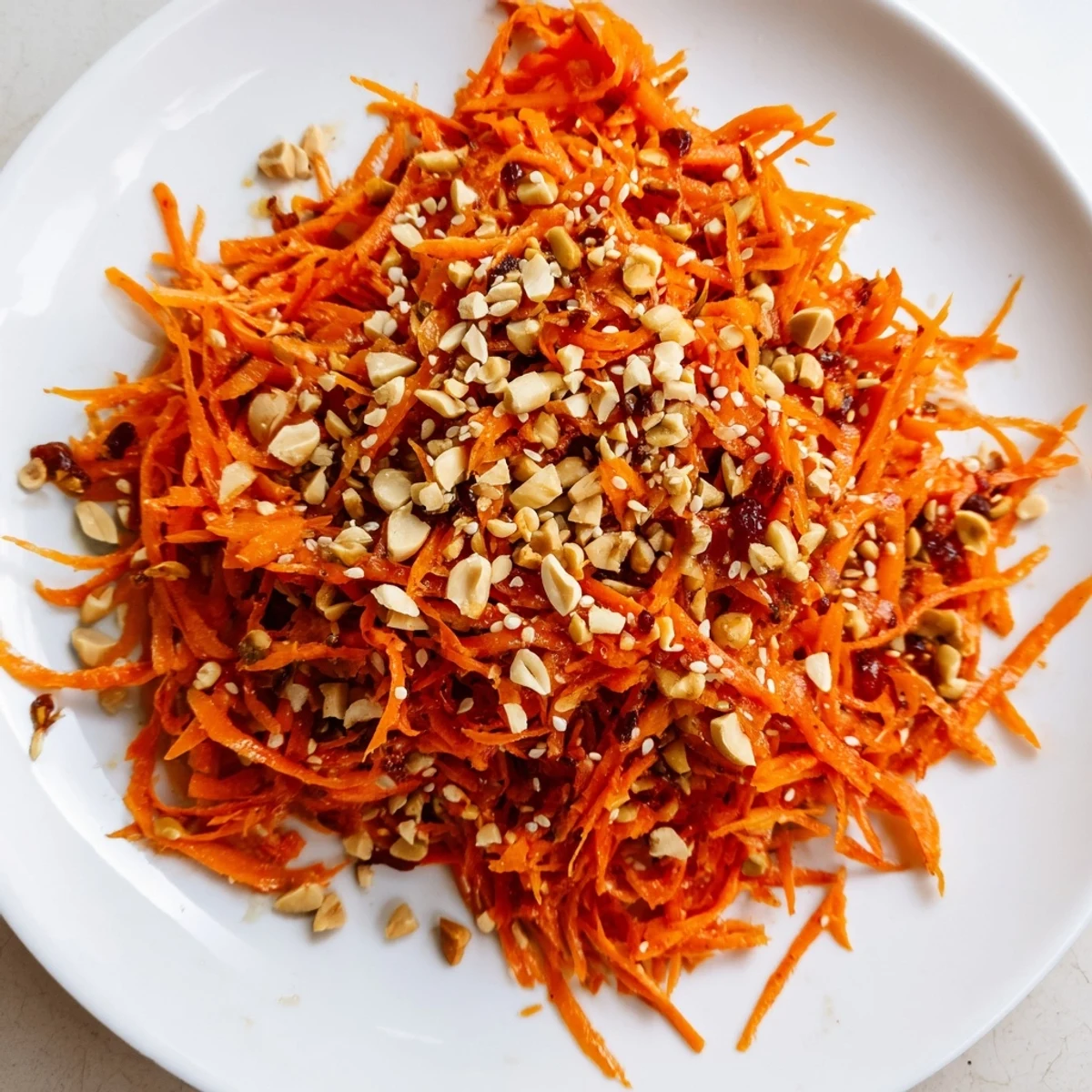 Close-up of a refreshing Spicy Carrot Salad; the crunchy, colorful salad has a zesty Asian dressing.