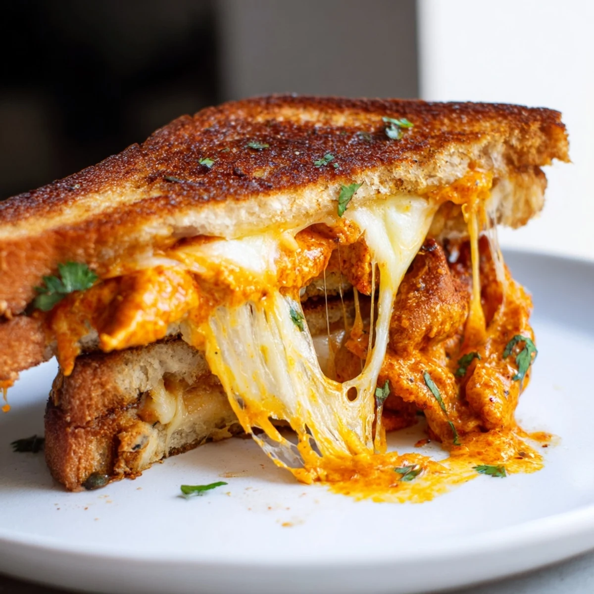 Golden, gooey Savory Butter Chicken Grilled Cheese with melted cheese oozing from toasted bread.