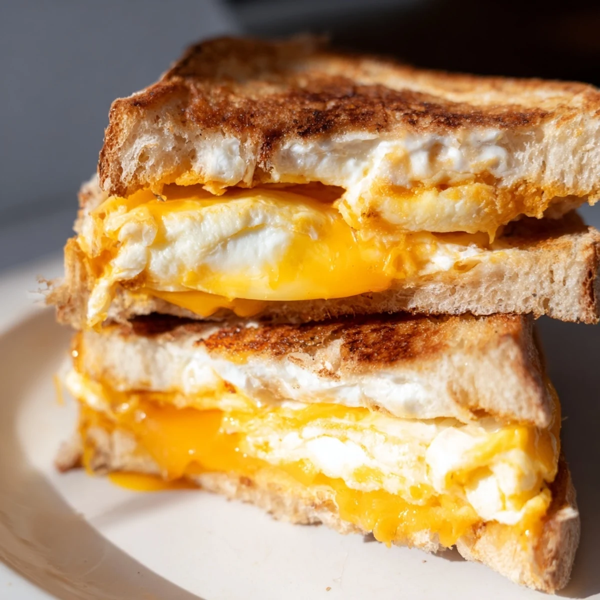 Feta-Fried Eggs Grilled Cheese: golden, bubbly cheese oozes onto a plate next to the sandwich.