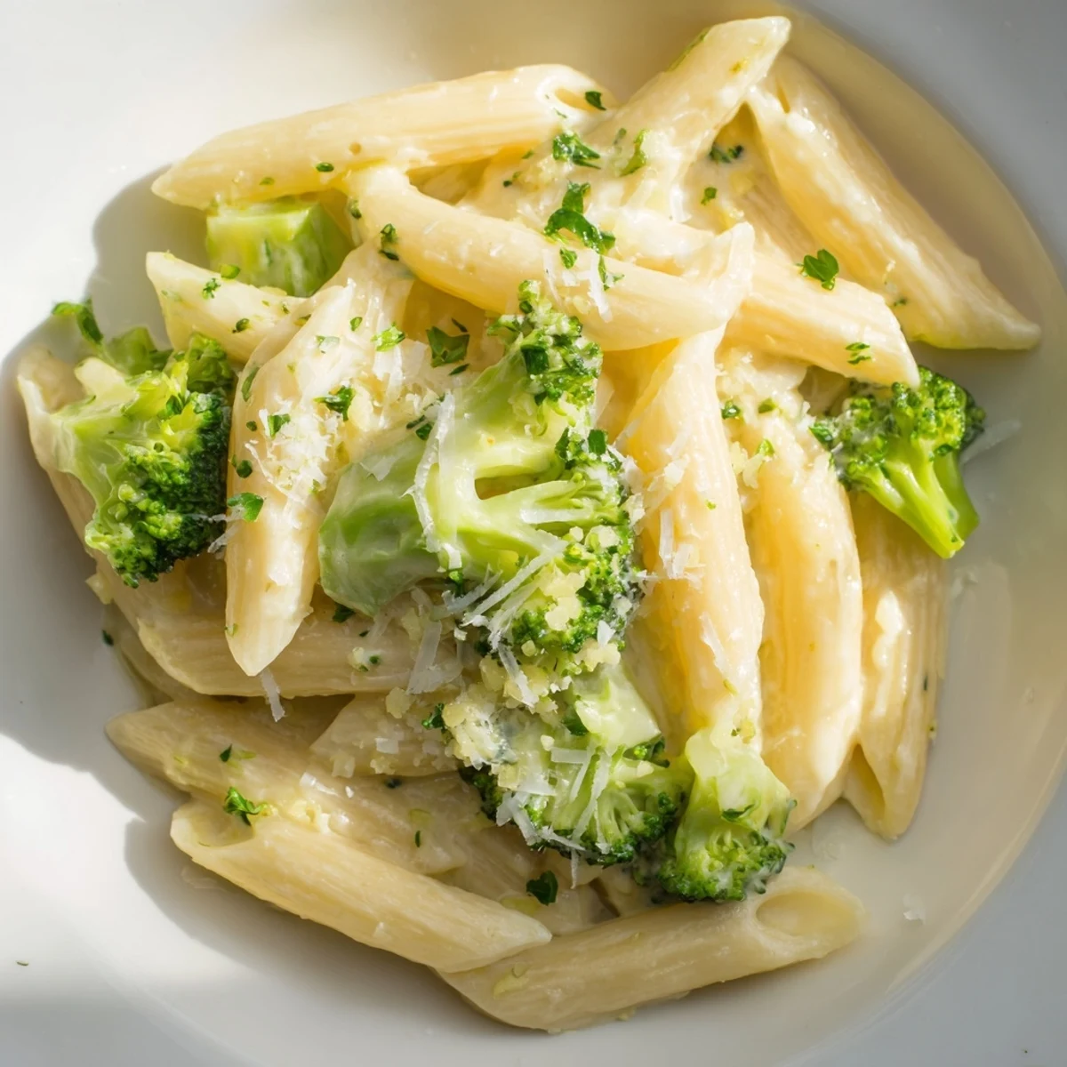 Steaming Cream Cheese Garlic Pasta with vibrant green broccoli, creamy sauce, and Parmesan cheese sprinkled on top.