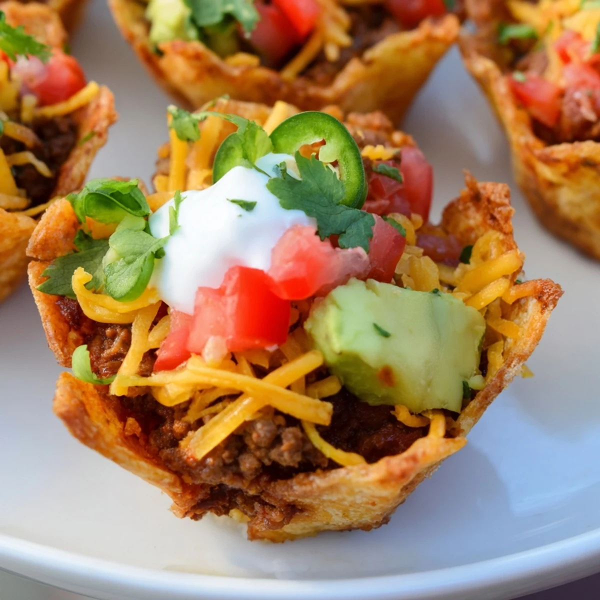 Golden, melted cheese tops each mini taco cup, filled with savory seasoned beef and flavorful fillings.