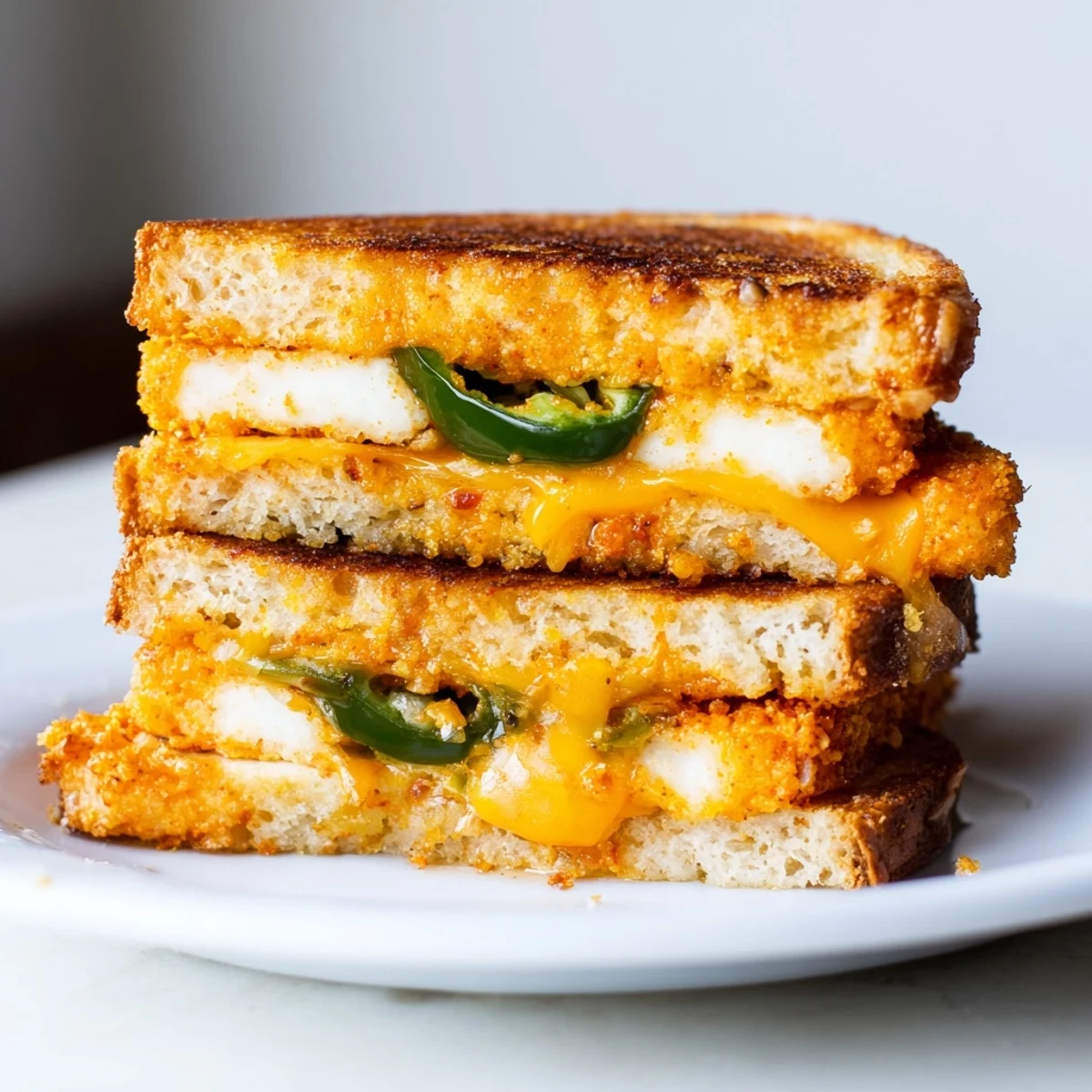 Crispy edges and melty cheese: a delicious Spicy Crispy Tofu Grilled Cheese ready to be enjoyed.