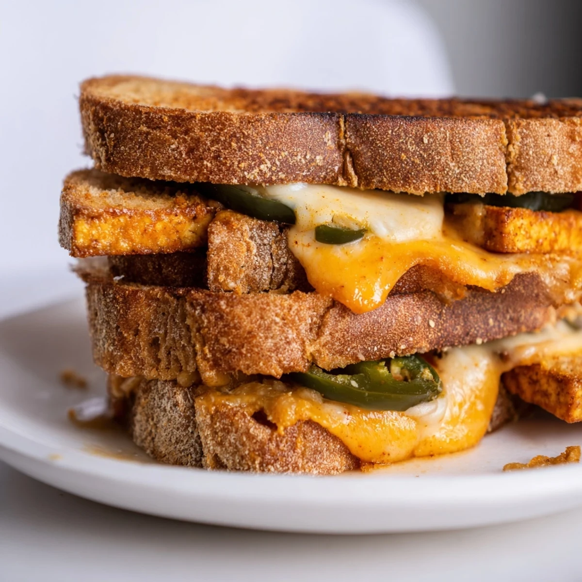 Golden-brown Spicy Crispy Tofu Grilled Cheese with melted vegan cheese, perfect comfort food.